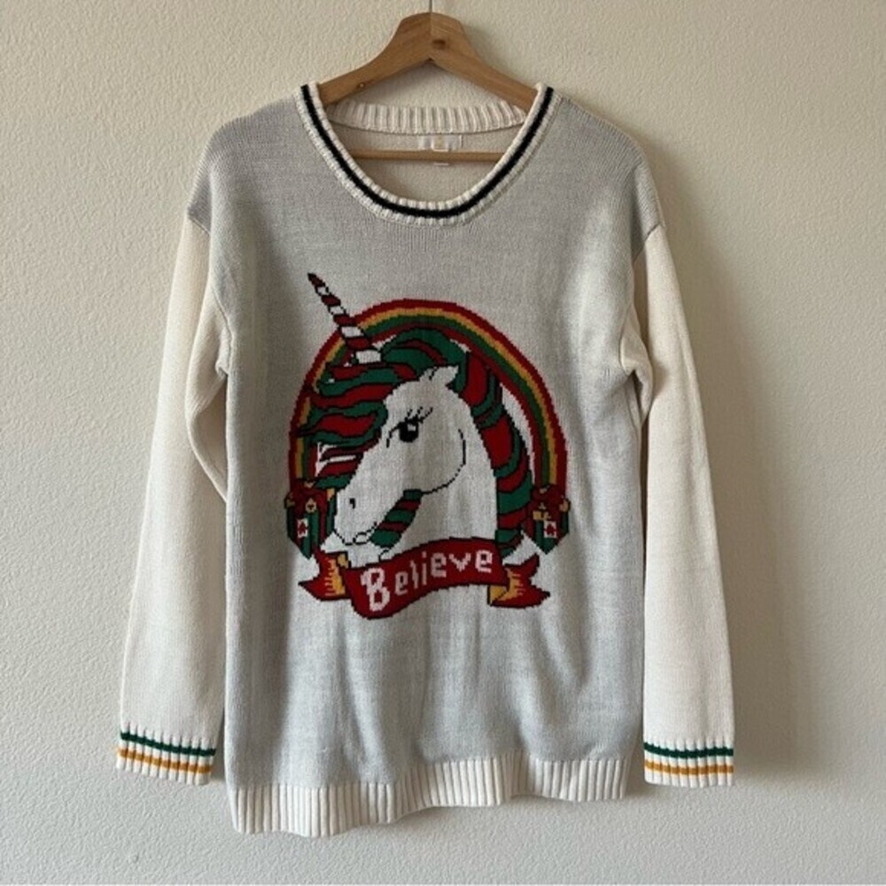 Unicorn Believe Knit Christmas  Sweater SZ Large